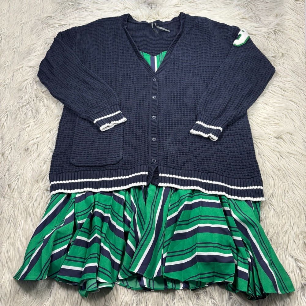 Anthropologie Women's L Navy Green Slouchy Varsity Twofer Cardigan Dress Preppy